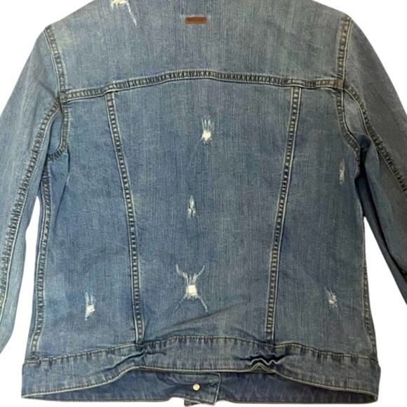 MNG Mango Denim Trucker Jacket Womens Large Blue Distressed Baddie Streetwear - Picture 4 of 10